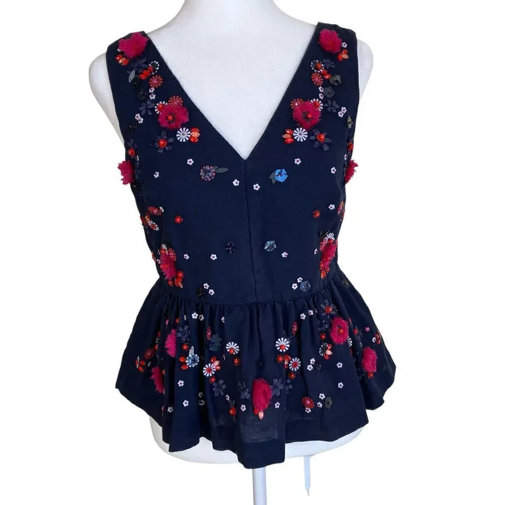 J. Crew Hand-Embellished Beaded Linen Blend Sleeveless Peplum Top Navy Red Sz 00